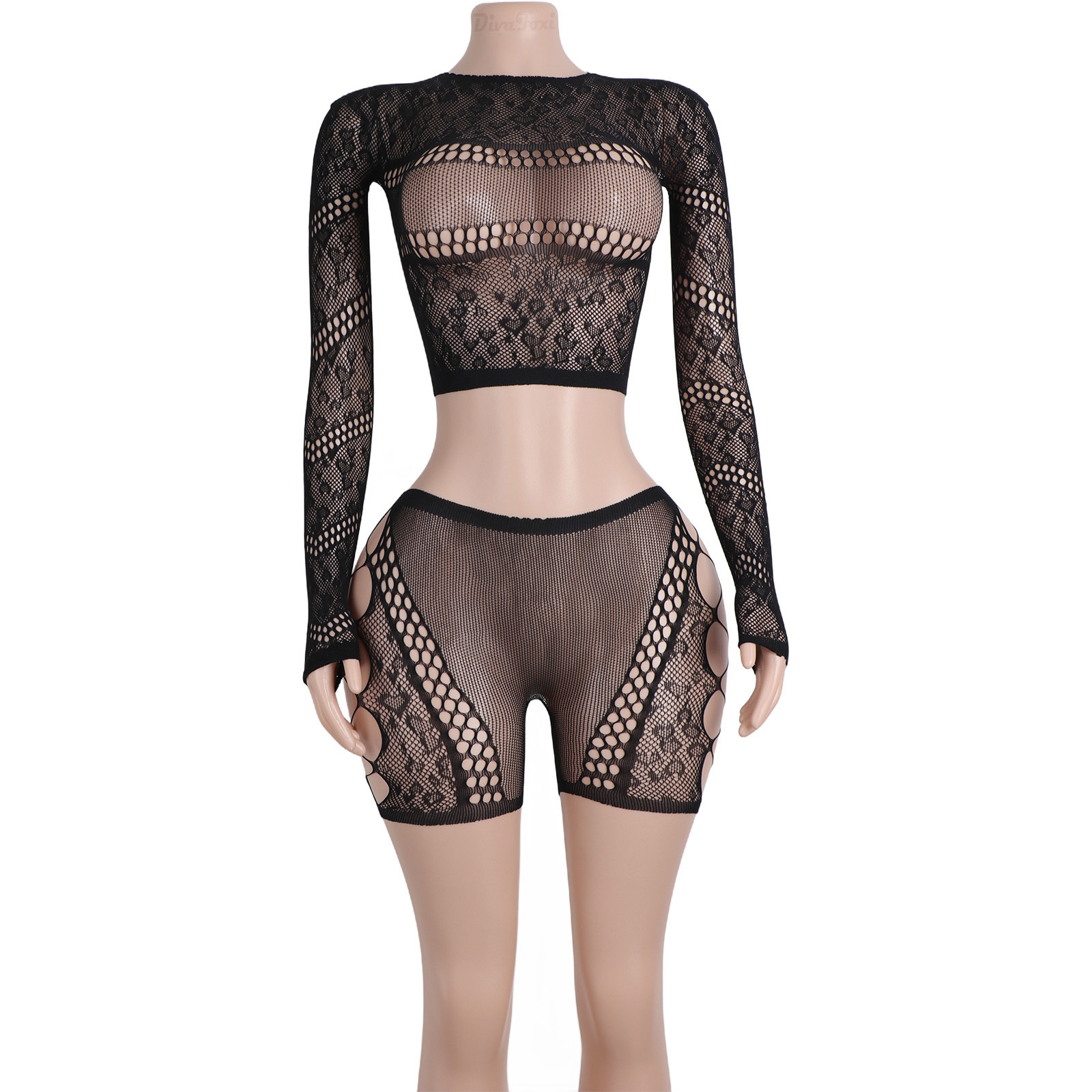 Women's Black Lace Two-Piece Wholesale Club Performance Dancewear Mesh Shorts Set Adult Dancer Sleeves Design Exotic Dancewear