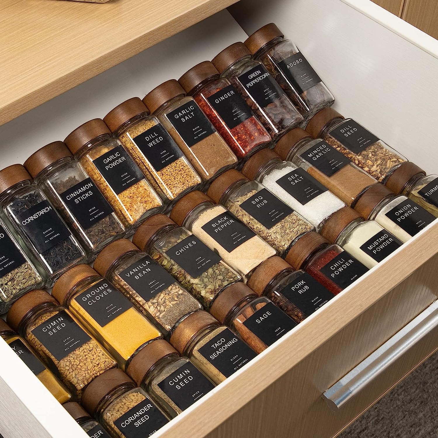 24Pcs Glass Spice Jars With Labels 4oz Empty Square Spice Bottles With Acacia Wood Lid Shaker Lids