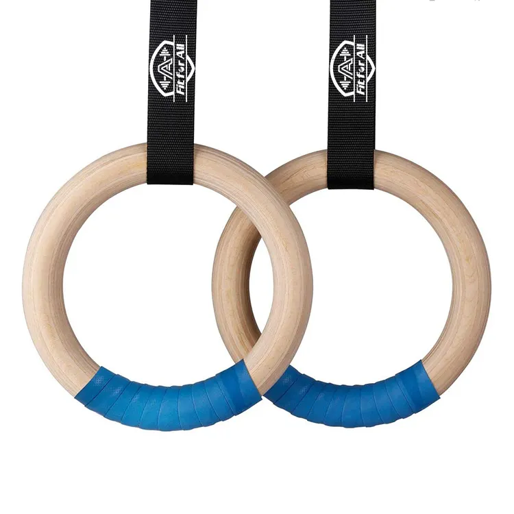 Gym Equipment Fitness Wooden Training Gymnastic Rings with Nylon Strap