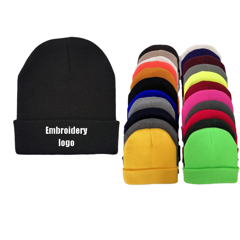 Custom unisex long ribbed acrylic cuffed plain knitted beanie hats caps