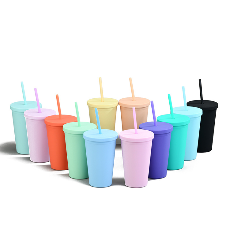 2021 Amazon горячая Распродажа двойные настенные матовые тонкие тумбы 16oz/450ml пастельные цветные акриловые чашки с крышками и соломинкой