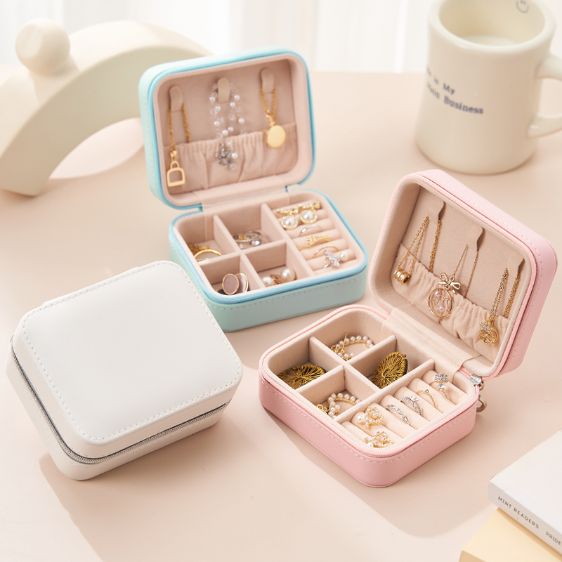Mini Jewelry Case с Custom Logo, Jewelry Organizer, Velvet Storage, Small PU Leather Travel Box, white, Blue, Pink Zipper, Gift