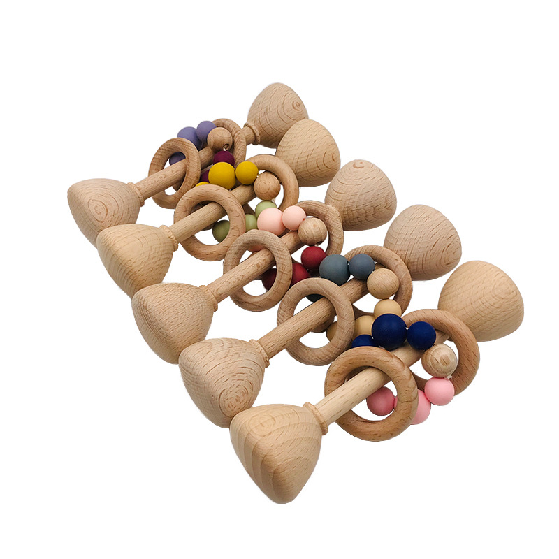 Custom Toddler Infant Wooden Montessori Educational Infant Sensory Training Toys Baby Soothing Teether Ring Wood Rattle