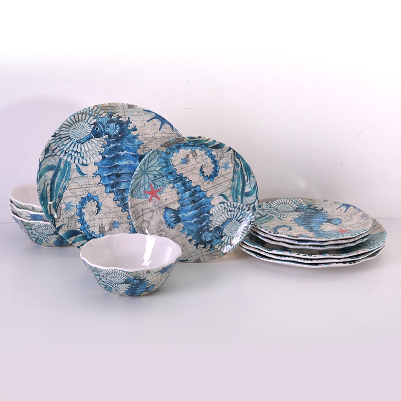 High Quality Customized printing 16 sets melamine tableware dinner set seahorse melamine