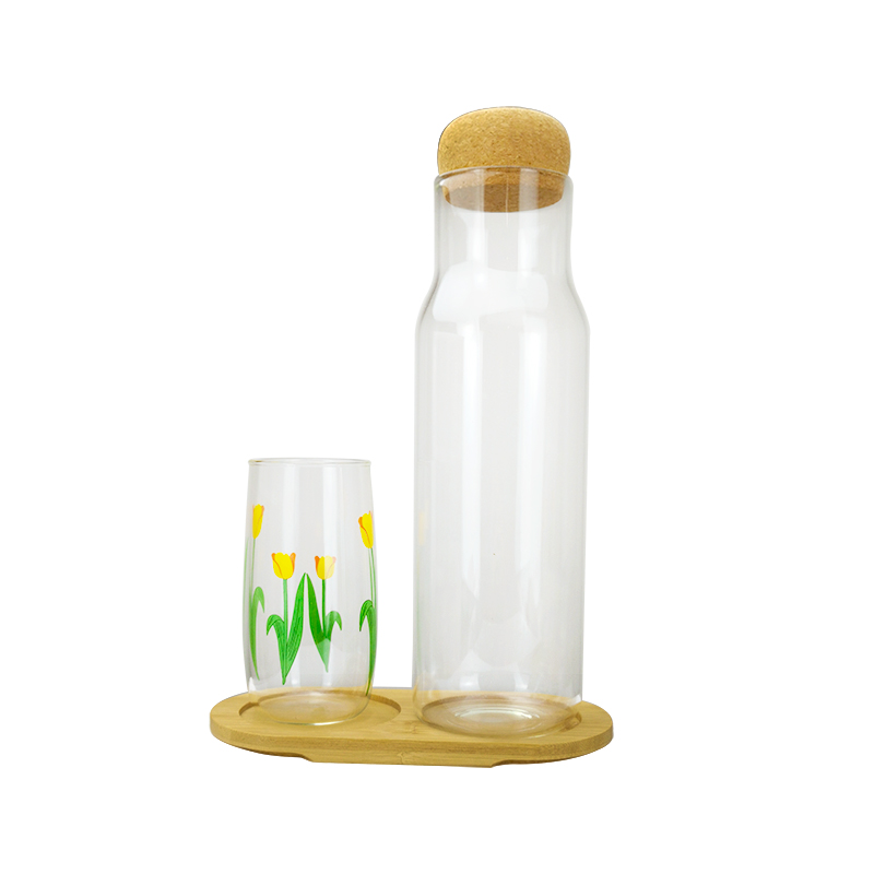 Korean style borosilicate Glass Bedside Water carafe jar with cork lid and Tumbler Printed Glass cup Set for Bedroom Nightstand