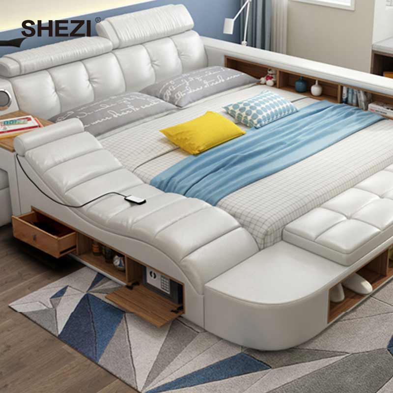 SHEZI Upholstered Smart Bed Massage Leather Double Bed Multi-functional King Size Bedroom Furniture Sets Bed