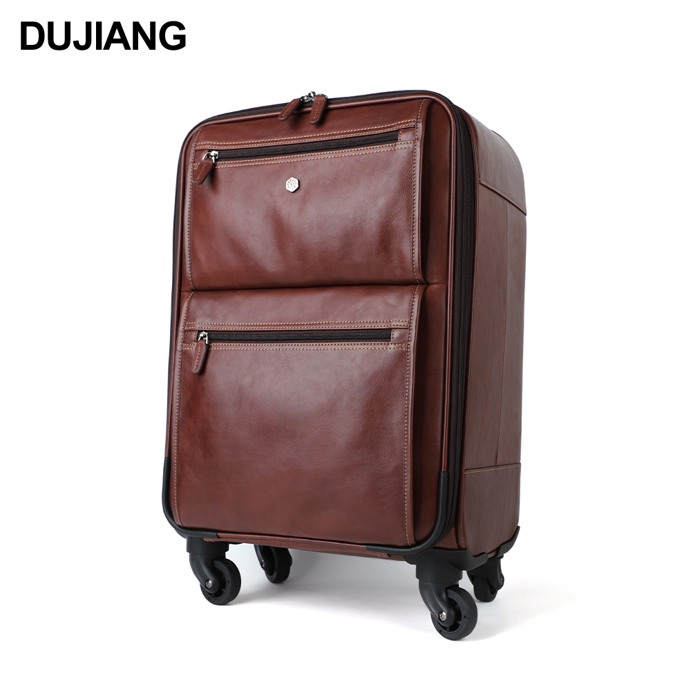 Custom Logo Genuine Leather Unisex Travel Luggage Case Wear Resistant Boarding Hand Luggage with Spinner Caster for Men Women