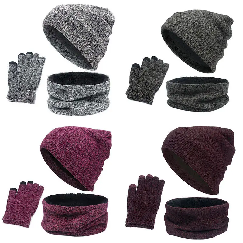 L 691 Winter Thick 3 Pieces Set Comfortable Knit Scarf Hat Glove Sets For Men Women