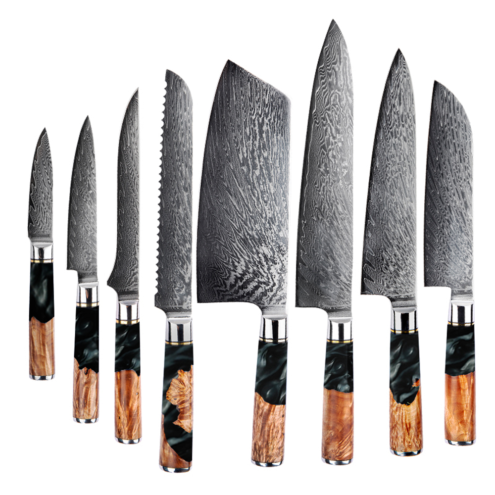 High quality 9pcs OEM chinese cleaver kitchen for chef vg10 damascus knife set with resin wood handle