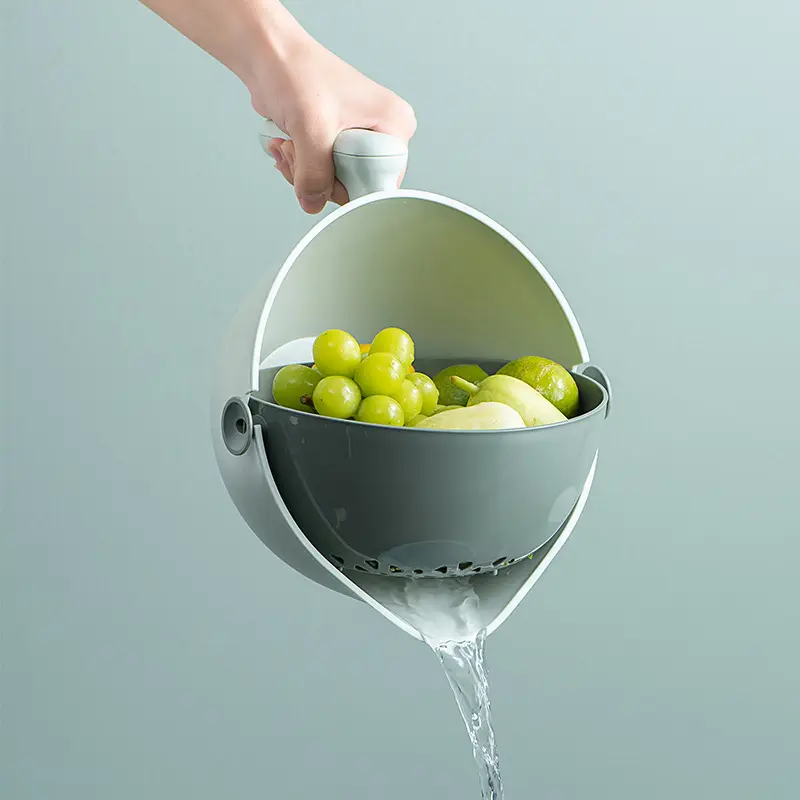 2 In 1 Double Layer Cleaning Vegetable Fruit Washing Kitchen Colander Plastic Drain Basket Strainer Bowl with Handle