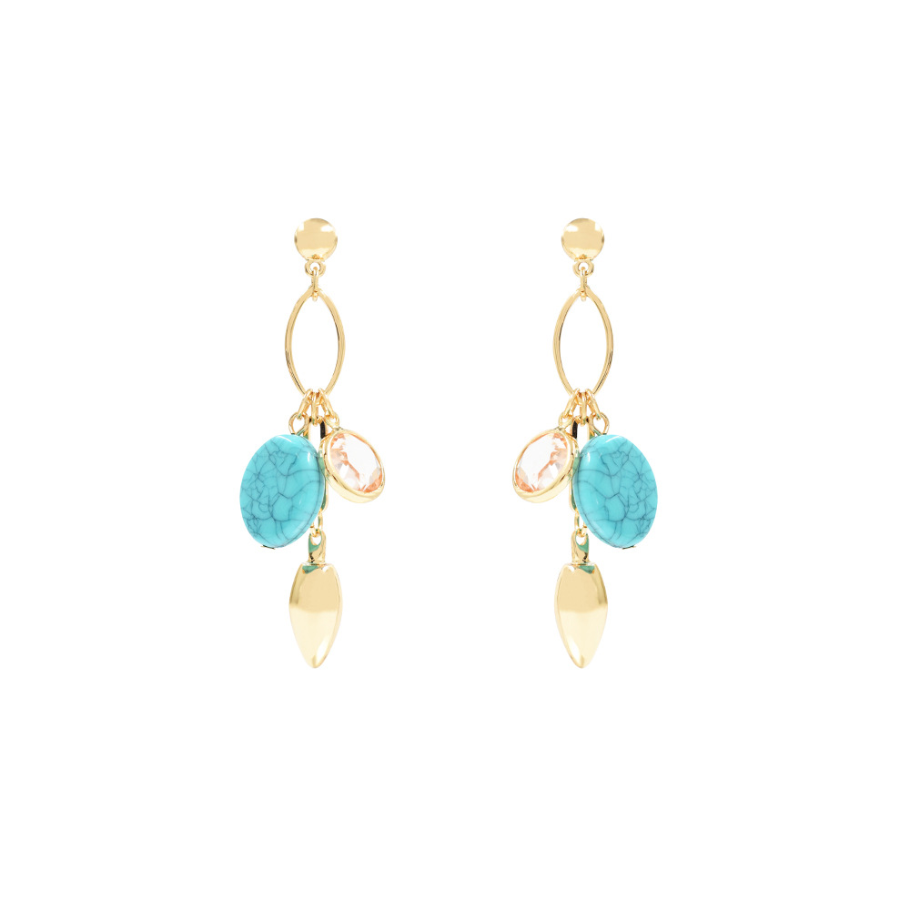 Multi Hoop Oval Turquoise Dangle Earring Gold Tone Fish Hook Metal Earring
