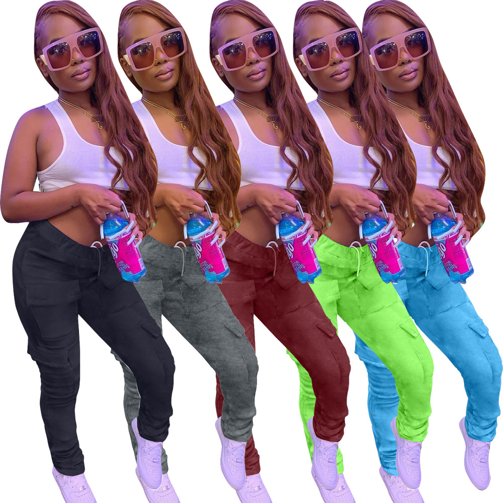 Z54145 Fashion Women Pants Mid Waist Solid color Multi pocket Women street Long Pants