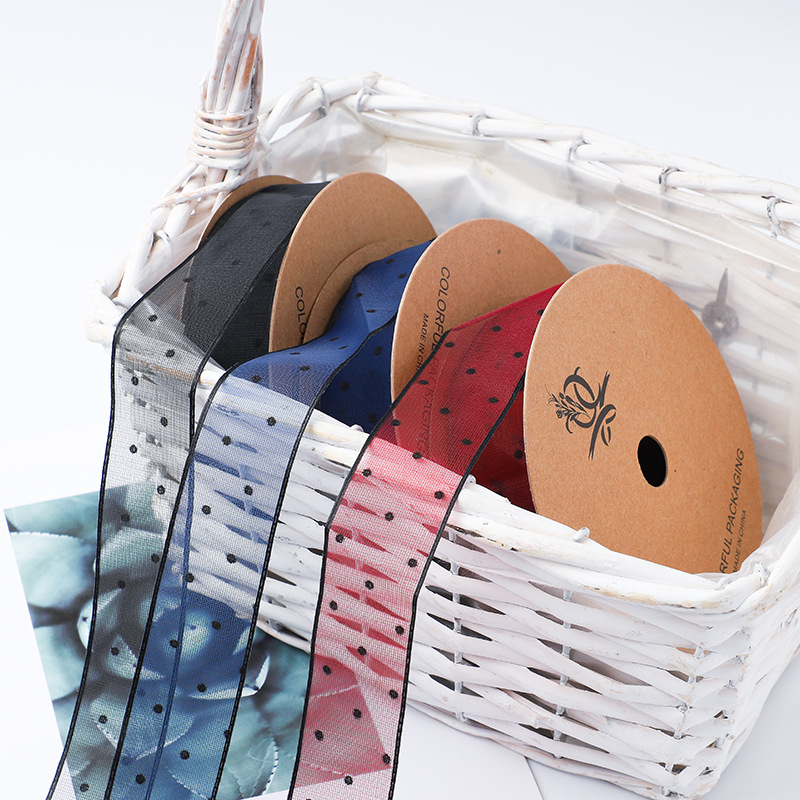 Wholesale custom 25mm*18m dot printing gift flower wrapping with bowknot wave polyester webbing
