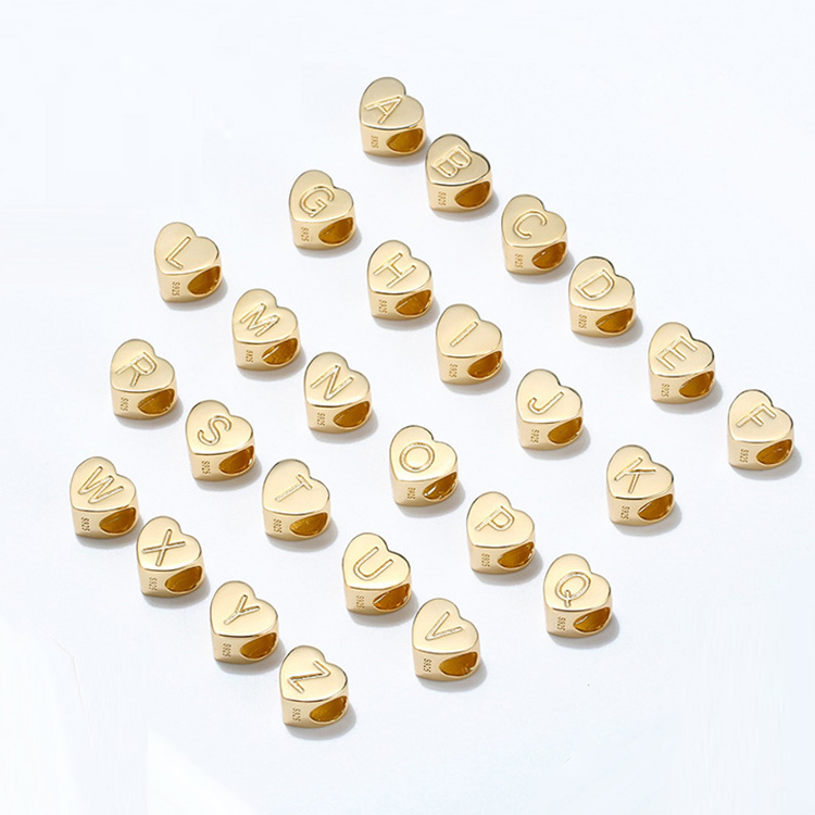 A-Z 26 Initial Letter Charms 925 Sterling Silver Beads 9mm Gold Plate Heart Shaped Alphabet Bead For DIY Jewelry