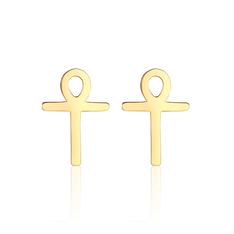 Wholesale Egyptian ankh cross stud earrings jewelry stainless steel retro vintage gold earring