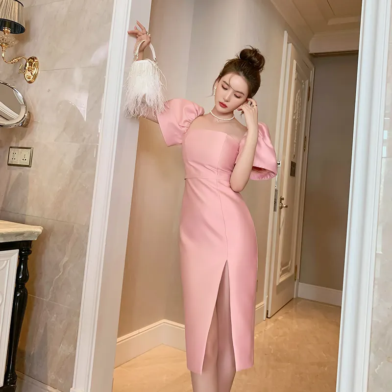 Summer Autumn Dropshipping Hot-Selling Satin Pink Elegant Evening Dress Cheap Puff Sleeve Woman Dresses