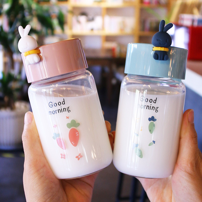 Transparent Creative Custom High Borosilicate Glass Water Bottle with Cute Rabbit Doll Lid for Girl