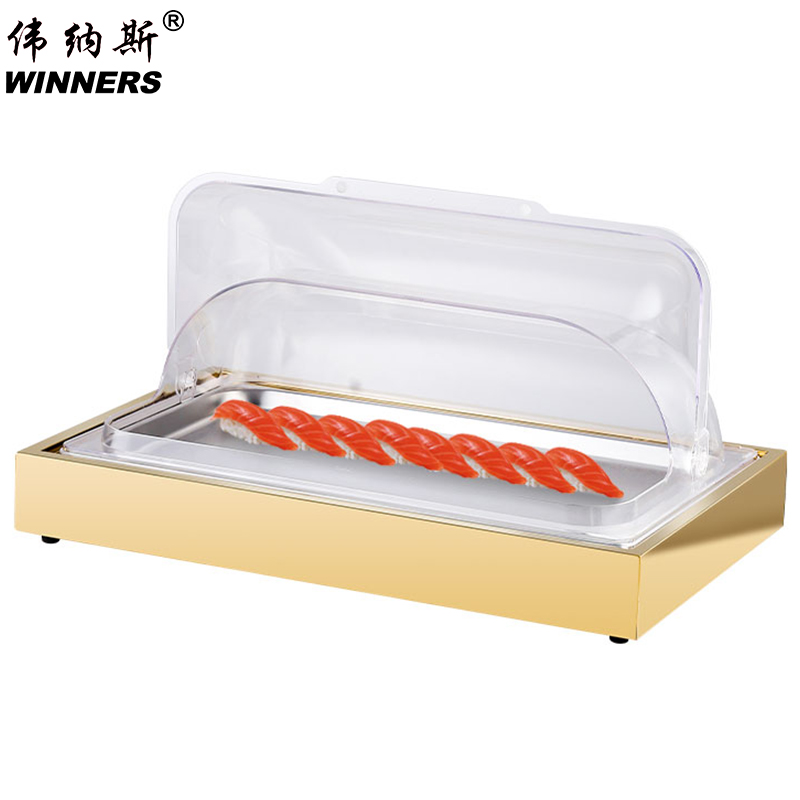 golden stainless steel cold food dish serving tray buffet seafood sushi visual display pan chafing dish with plastic flip lid