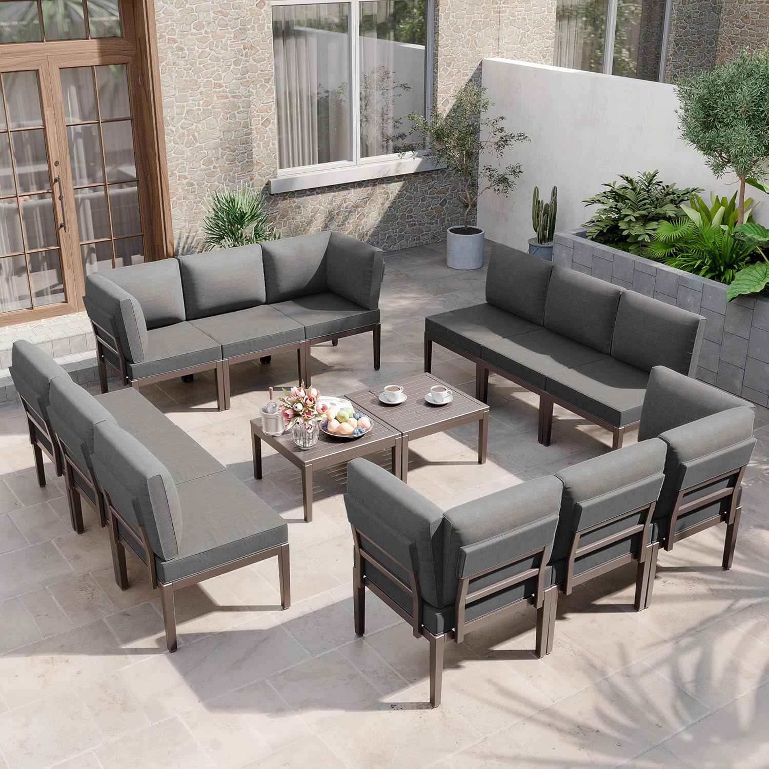 14 Pieces Metal Patio Furniture Set Modern Metal Outdoor Conversation Sets w/5 Inch Cushion and Coffee Table, Black