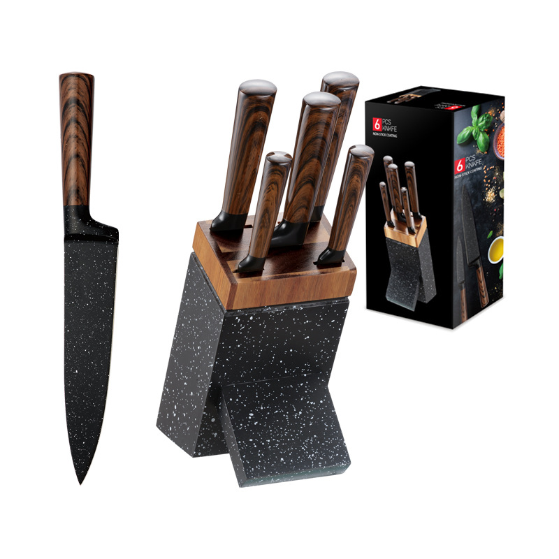 New Design High Quality Carbon 6 PCS Stainless Steel Blade Spray Point Black Kitchen Knife Sets With Acacia Wood Seat
