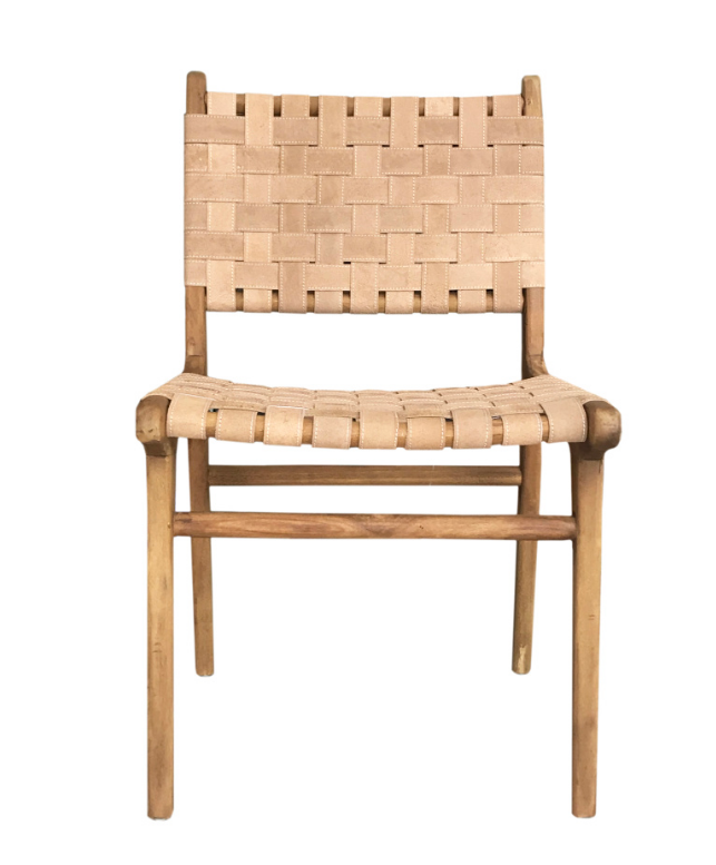 Wood furniture dining or living room teak wood leather weave chair