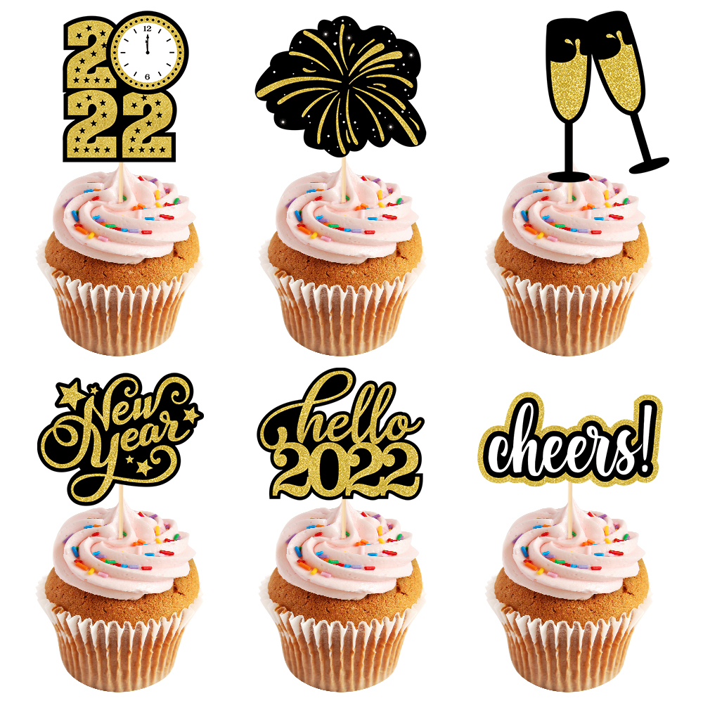 6pcs Gold Glitter Happy New Year 2022 Cupcake Topper 2022 Firework and cheers card Cake Decorations New Year Party Supplies