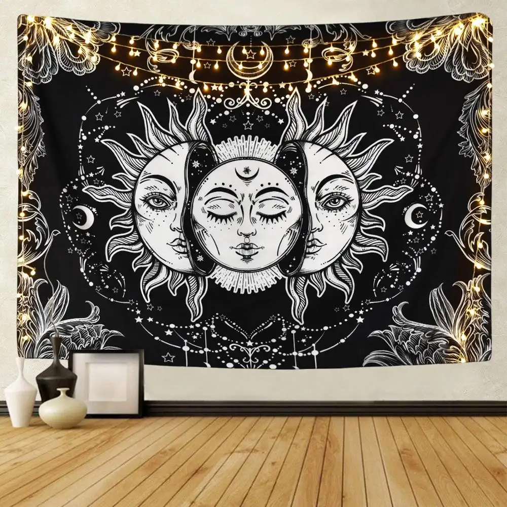 Sun and Moon Tapestry Burning Sun with Star Tapestry Black and White Mystic Tapestry Wall Hangings
