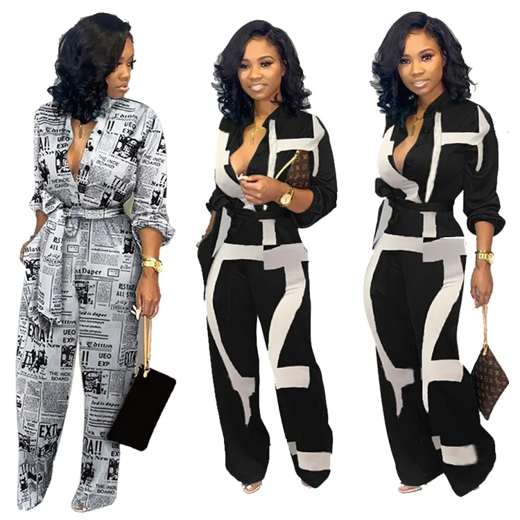 wholesale elegant v neck long sleeve geometric printed women jumpsuits and rompers