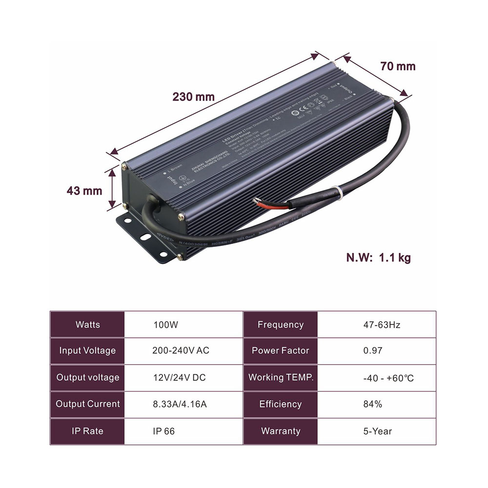 Высокая PWM 100W 12V 8.34A 24V 4.16A C.V. Водонепроницаемый ТРИАК с регулируемой яркостью 220 В светодиодный драйвер