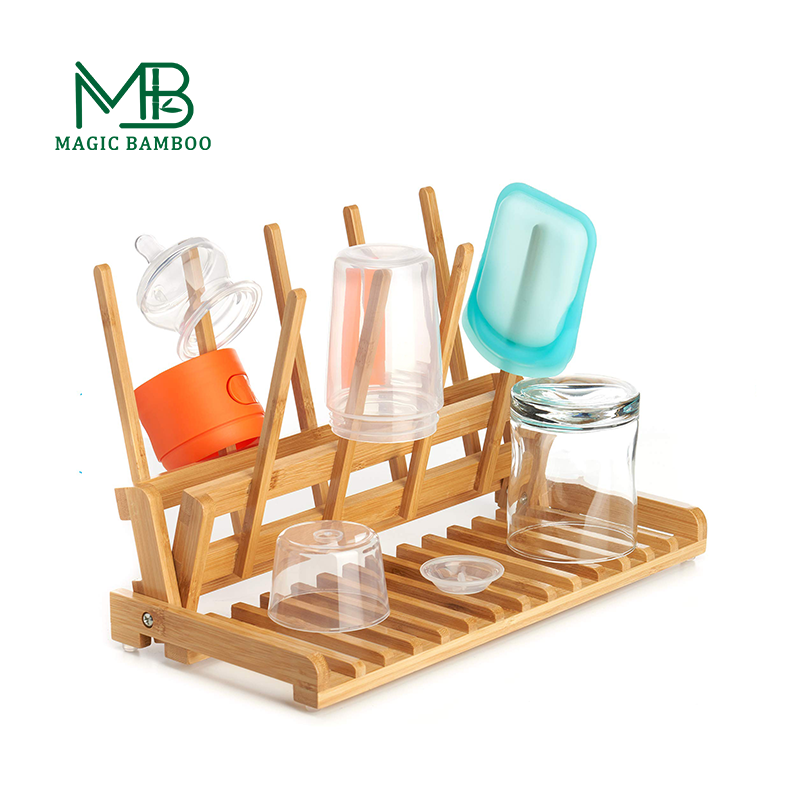 Wholesale Space Saving Countertop Folding Collapsible Bamboo Drying Rack For Kitchen Cup