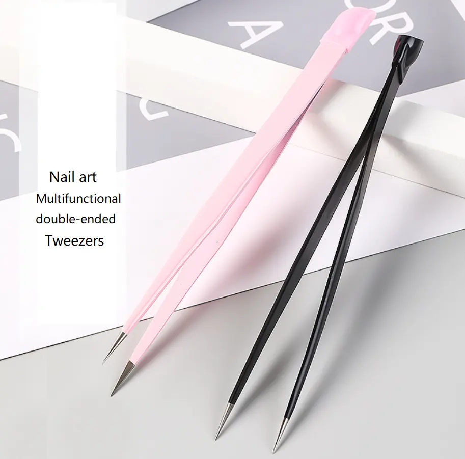Quality steel Nail art Double Head Tweezers with silicone press stick Nail sticker Clamp Drill Straight tip clip Manicure Tools