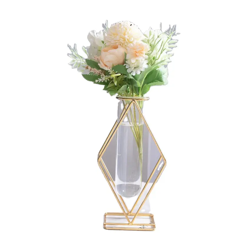 Wholesale Metal Vase Decorative Metal Frame Flower Vase Glass Tube Metal Flower Decorations Vase Glass
