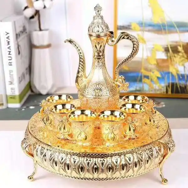 QIAN HU Ramadan Kareem Turkish Tea Arab Style Promotional Products Home decoration Golden Cast Iron Coffee Teapot set