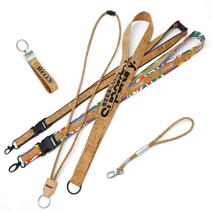 Eco friendly google printed plastic buckles clip accessories strings cork neck lanyard cork straps