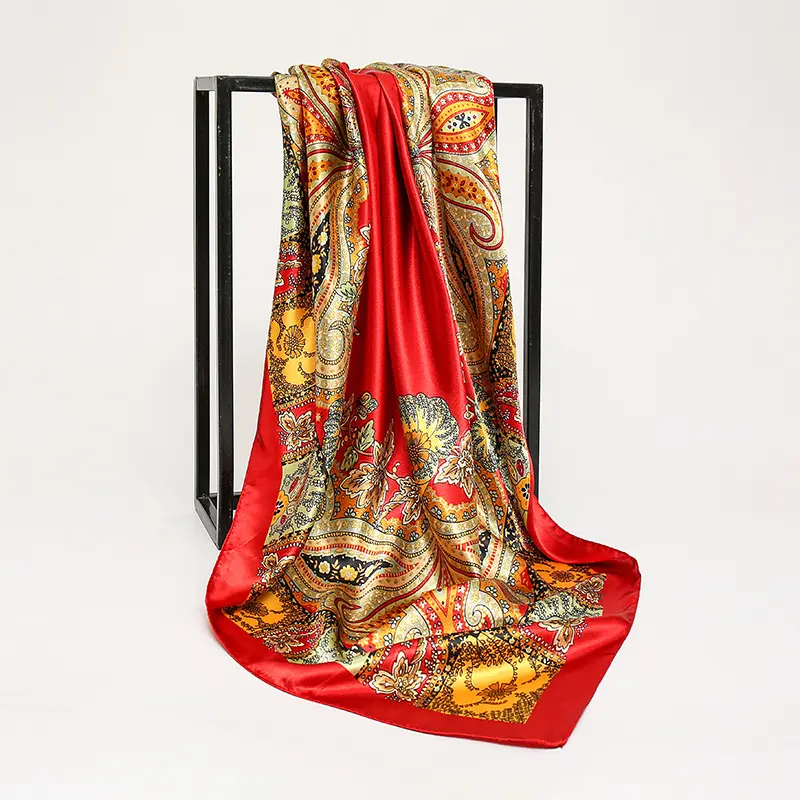 90*90cm European And American Women Elegant Square Silk Satin Scarf Small Vintage Head Printed Silk Shawl