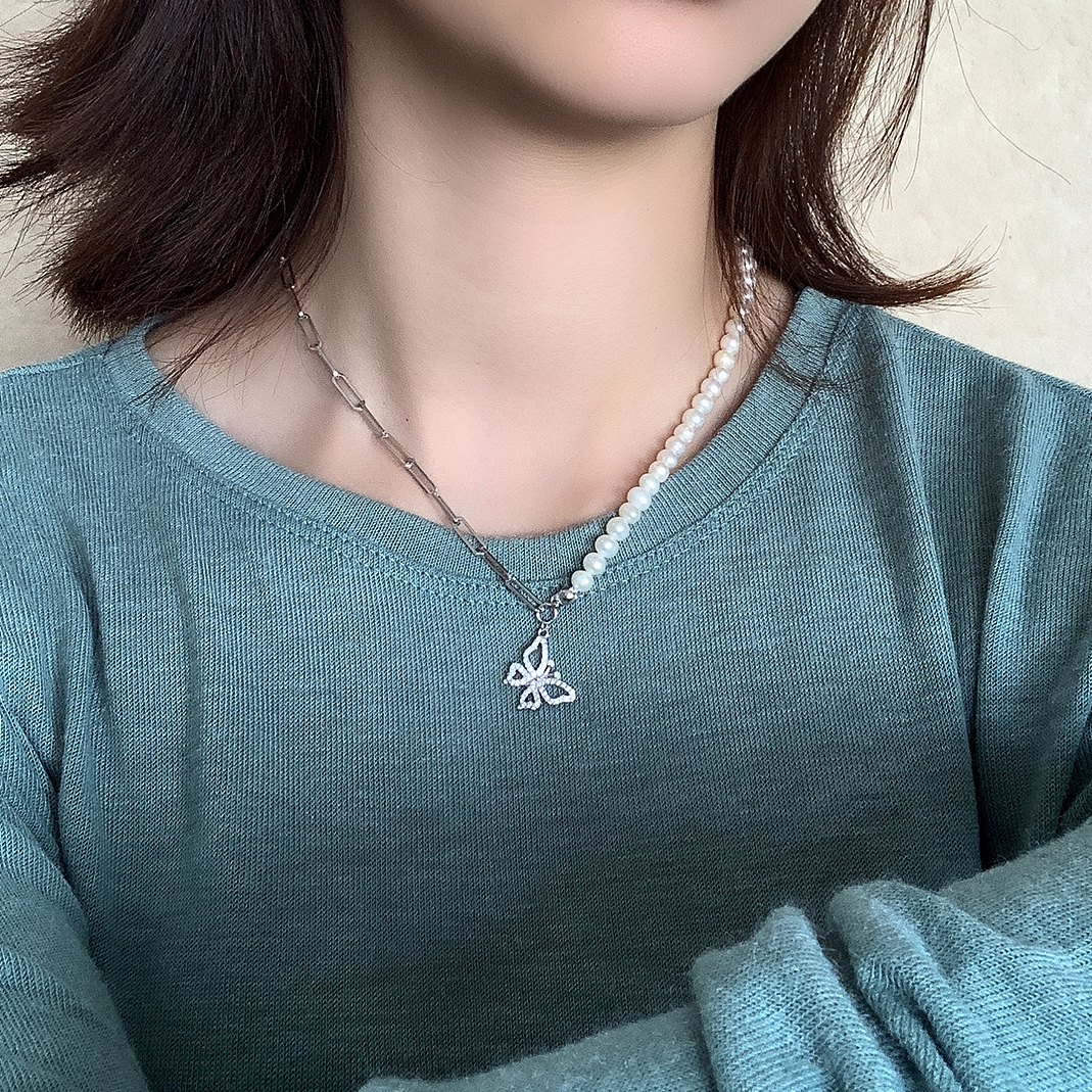 Luxury Sterling Silver Link Chain Zircon Butterfly Pendant Necklaces S925 Silver Splicing CZ Butterfly Pearl Necklace For Friend