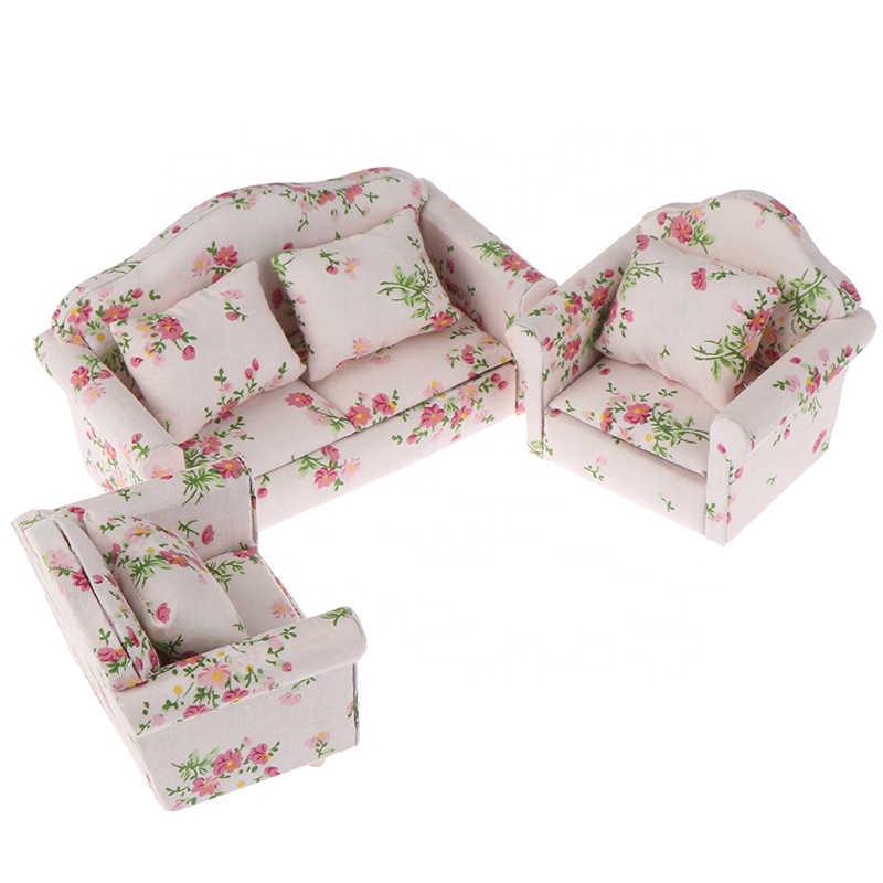 Factory price 3 piece mini wooden doll house furniture sofa set living room kids toys