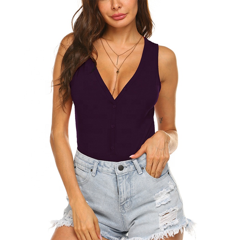 New Fashion Sleeveless Bodysuit V Neck Pure Color Woman Bodysuits
