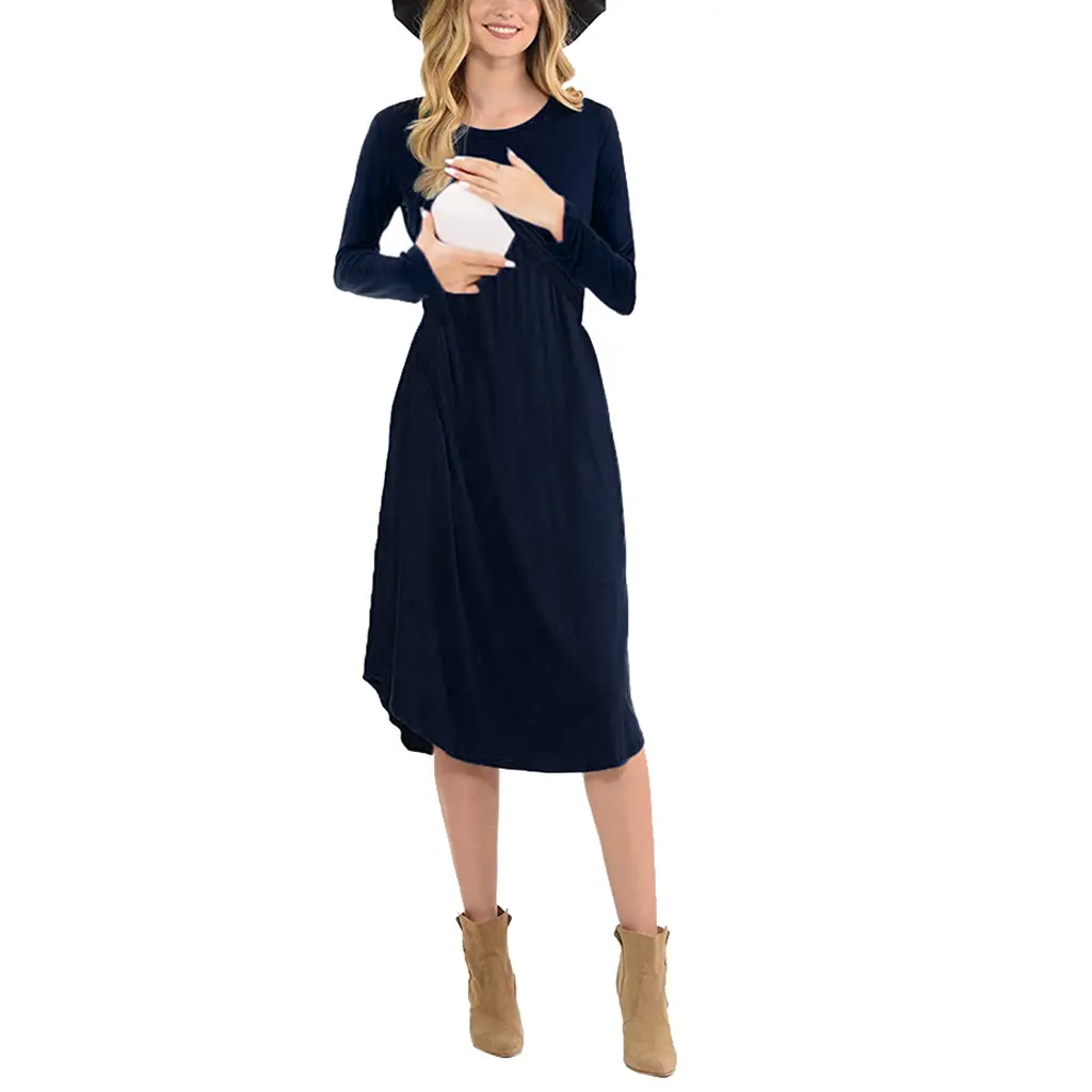 2IHSM38 Pure color breastfeeding maternity clothes long sleeve round neck pleated nursing dress