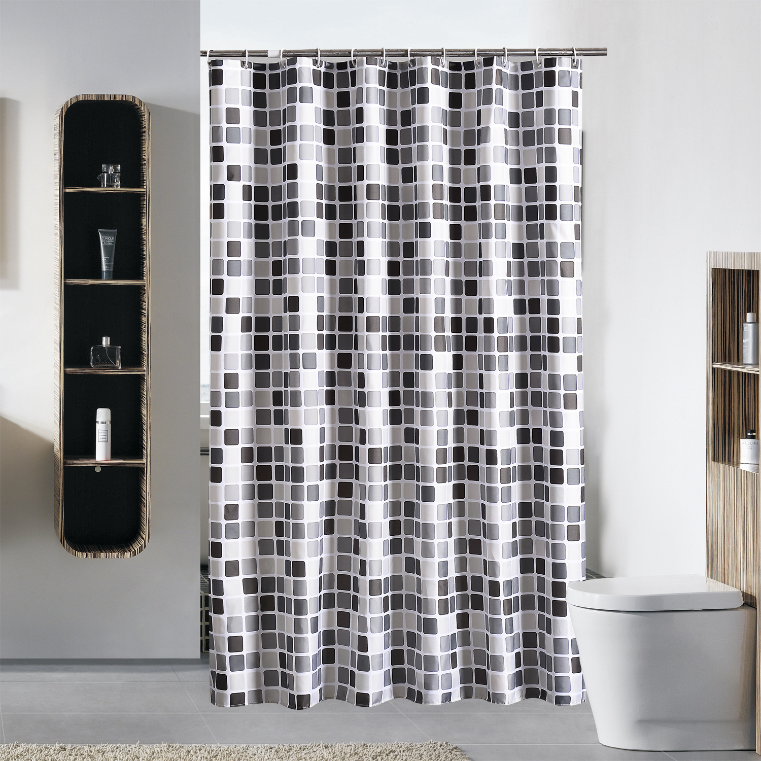 Mosaic Style Thick Waterproof Polyester Fabric Shower Curtain with Hooks