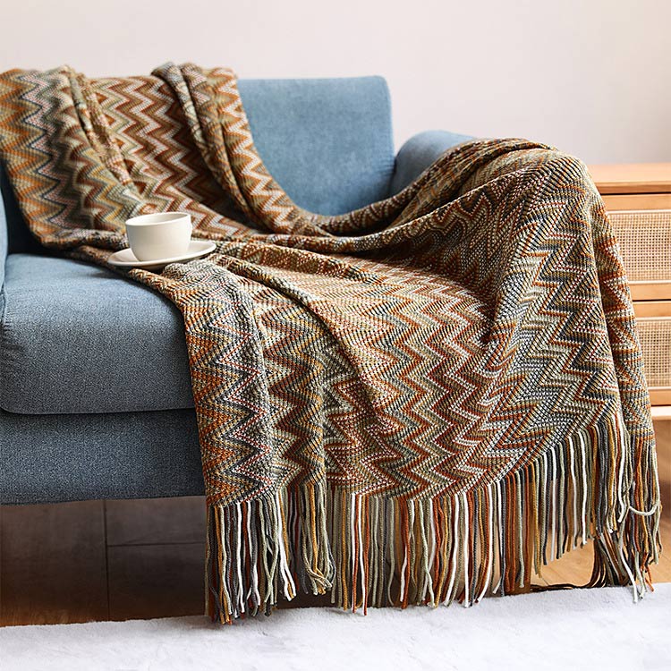 Дешевая цена на заказ богемное стильное вязаное одеяло с кисточками boho массивное вязаное одеяло