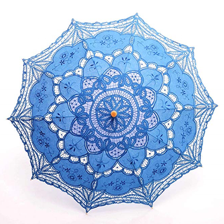 Bride Cotton Fashion Bamboo Handle Decoration Blue Lace Umbrella Parasol Wedding
