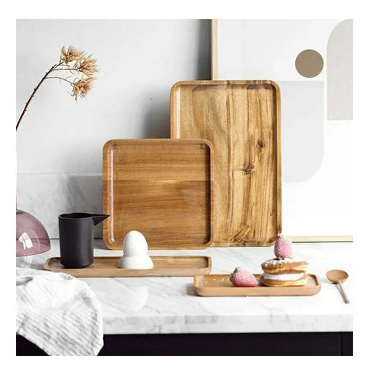 Wood Serving Tray Breakfast Rectangler Eco Friendly Natural Square Serving Acacia Wood Tray For Sale