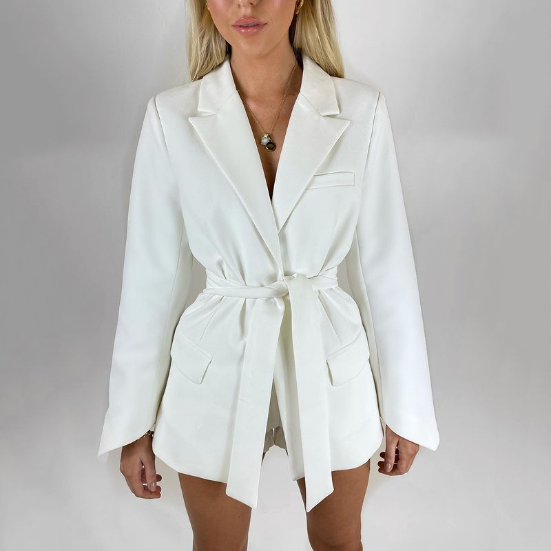 Fall Women Hot Sale Ladies Blazer Design V-neck High Waitsuit Lapel Long with Belt Office Blazer Suit Woman Blazer Jacket