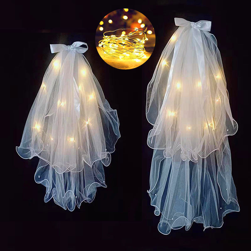 LED Light Up Voile Marriage Accessories Bow Short Veil Two Layer Beaded Pearl Ribbon White Veils Wedding Bridal