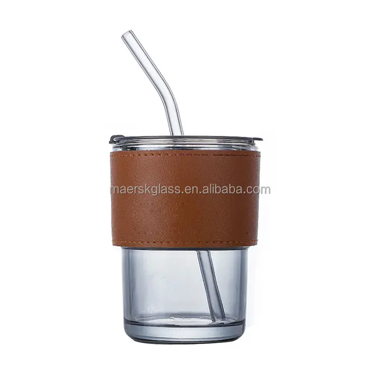 Wholesale 11oz 450ml Grey Brown Suction Glass Coffee Cup with Lid for Bubble Tea