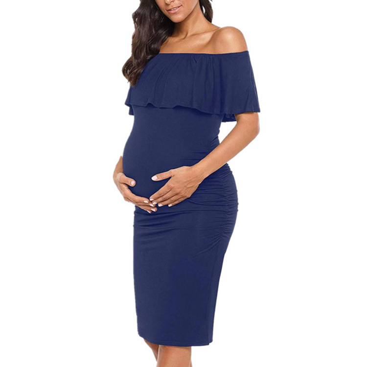 RTS casual maternity dress solid off shoulder ruffle elegant dress for pregnant women