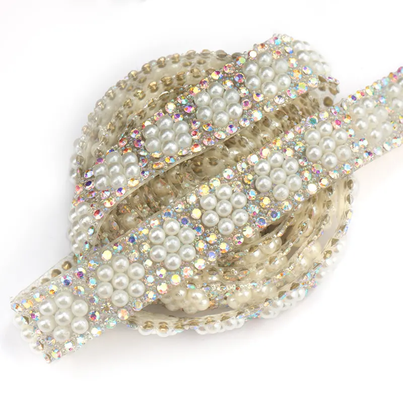1Yard ABS Round Pearl Beads Trim rhinestone Decoration Sewing Trim Crystal Hot Fix Rhinestone With Iron On Appliques For Dress