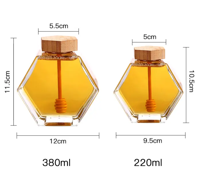 Newell 220Ml 380Ml Jar Glass Hexagon Bottle with Wood Honey Dipper Gift Packaging Lids Mini Honey Jars