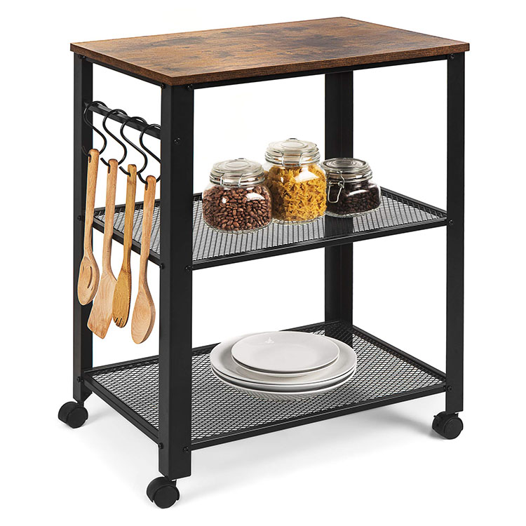 3-tier Microwave Wood Finish Top Food Organizer Antique Wooden Garden Mobile Serving Cart For Kitchen